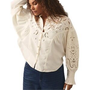 Pilcro Anthropologie Structured Eyelet Top Large Cream Peasant Boho Lagenlook